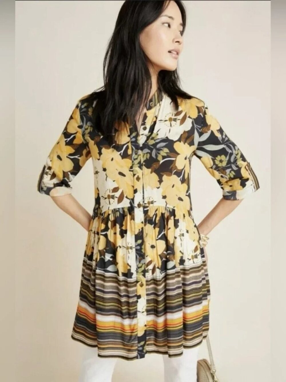 Anthropologie Blank London Hadley Button-Front Tunic Dress M Roll Tab Sleeves